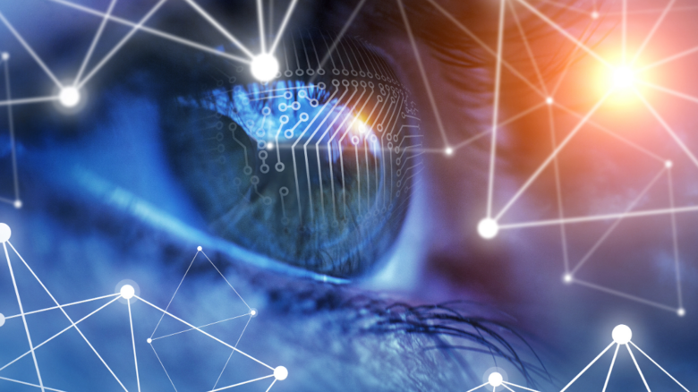 Bild eines künstlichen Auges mit einem gezeichneten Datennetz