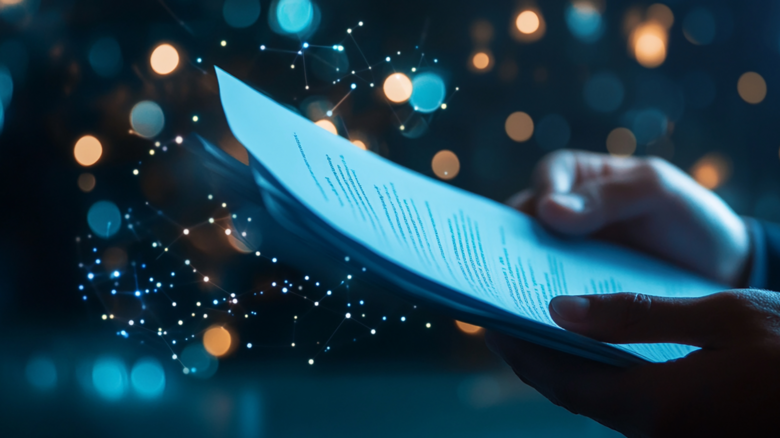 Hand holding document surround by digital lights