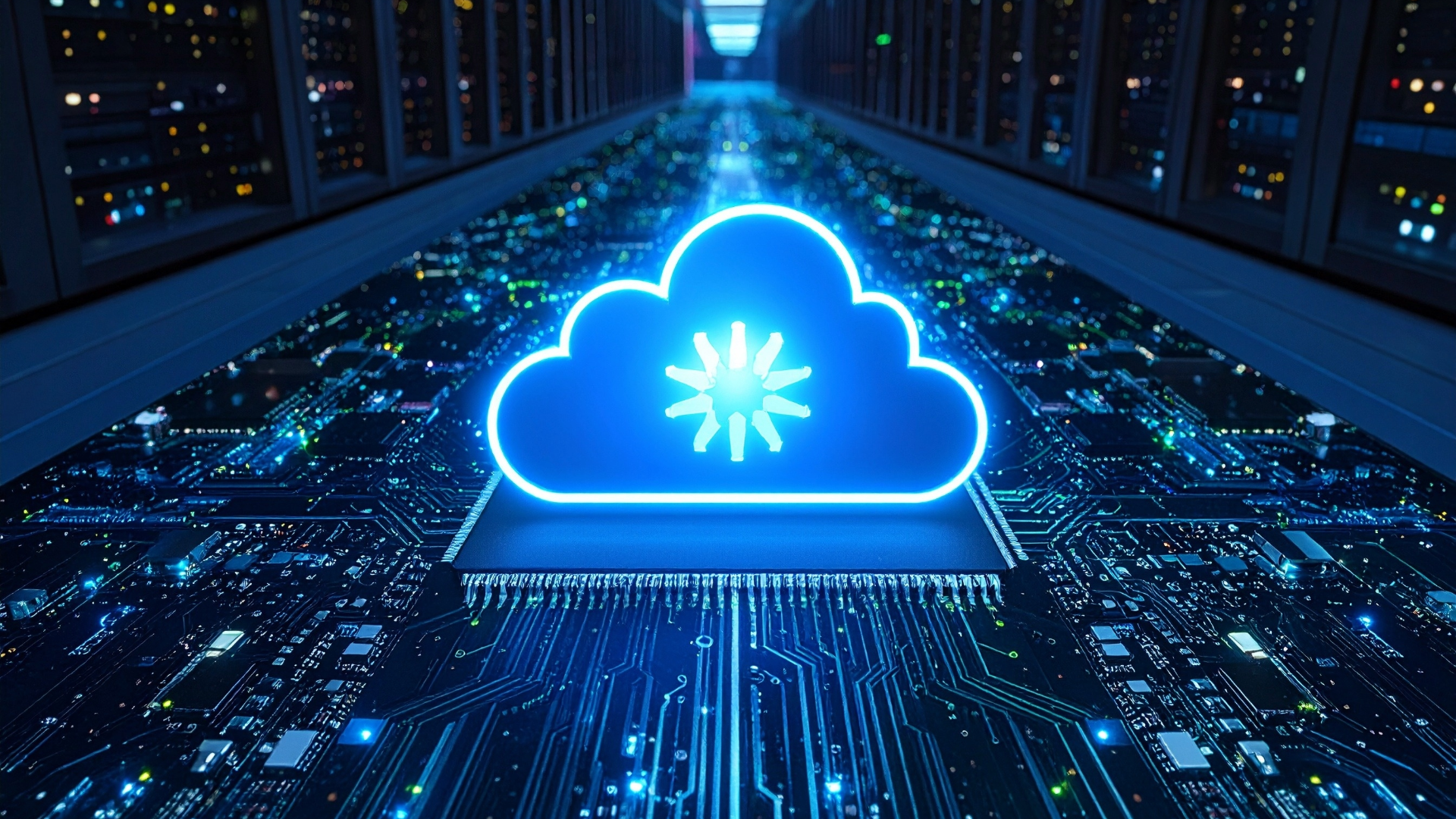 [Translate to Deutsch:] Dark and blue lights liek a platine, in front a webcloud symbol in blue